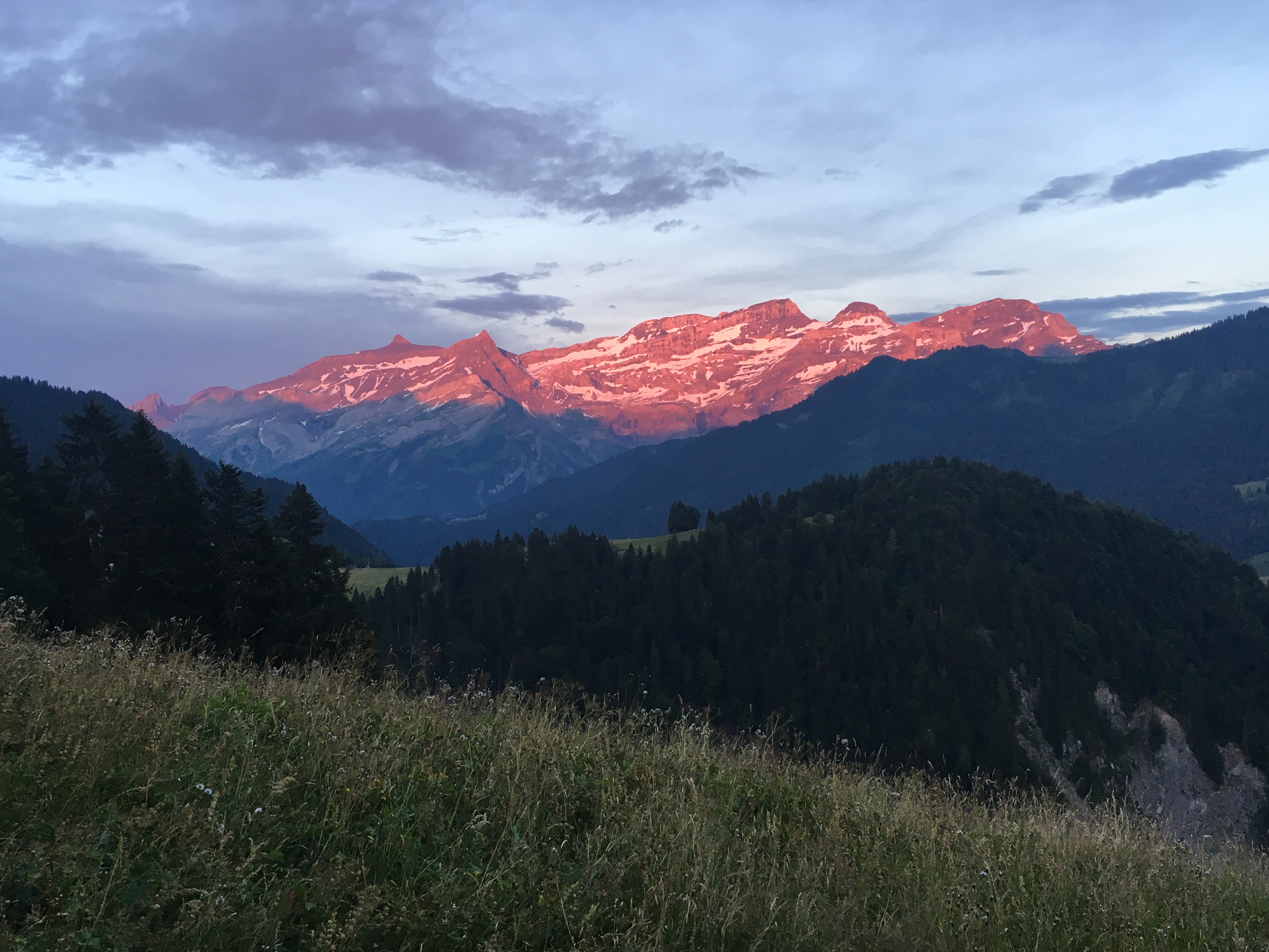Sommets alpins embrasés par le soleil couchant au-dessus d'une forêt de sapins en Suisse - Bas les masques